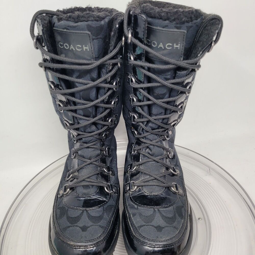 Coach Peggey Boots Womens 7.5 Signature Black Peggy Lace Up Mid-Calf Winter Snow - Picture 3 of 7
